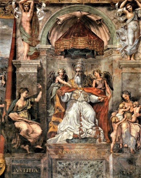 Pope Urban I between the allegory of Justice and Charity, Constantine Hall (Stanze Raphael), Apostolic Palace (Musei Vaticani)