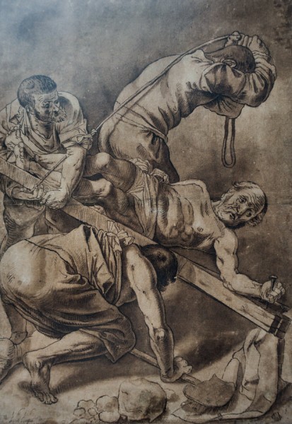 Gerrit van Honthorst, Ukrzyżowanie św. Piotra, rysunek na podstawie obrazu Caravaggia, Nasjonalmuseet, Oslo