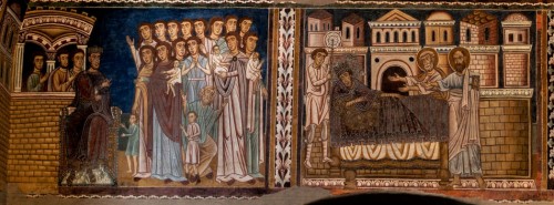 Scena ukazująca cesarza Konstantyna Wielkiego zmagającego się z chorobą, oratorium San Silvestro przy bazylice Santi Quattro Coronati