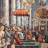 Cesarz Konstantyn przekazuje papieżowi Sylwestrowi I złotą statuetkę, symbolizującą Rzym, Giulio Romano i Francesco Peni, sala Konstantyna, Musei Vaticani