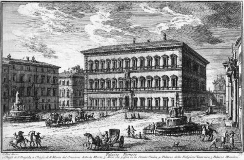 Piazza Farnese i Palazzo Farnese, Giuseppe Vasi, XVIII wiek, zdj. Wikipedia
