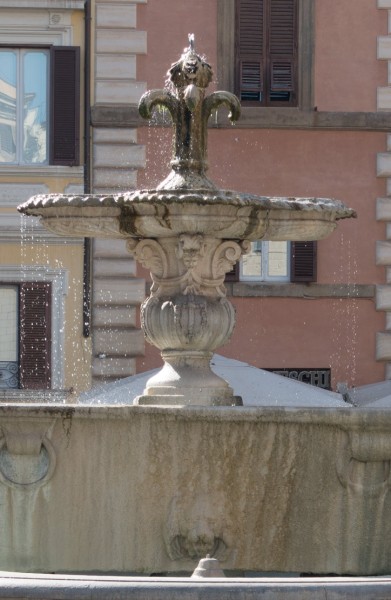 Jedna z dwóch fontann na Piazza Farnese, fragment, po lewej fasada pałacu Palazzo del Gallo di Roccagiovine