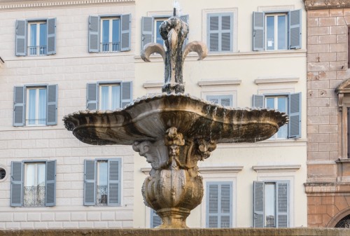 One of the two fountains in Piazza Farnese, fragment, at the back, the facade of the convent belonging to the church of Santa Brigida Church