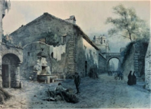 Akwarela z XIX wieku ukazująca pierwotne usytuowanie fontanny przy via Giulia