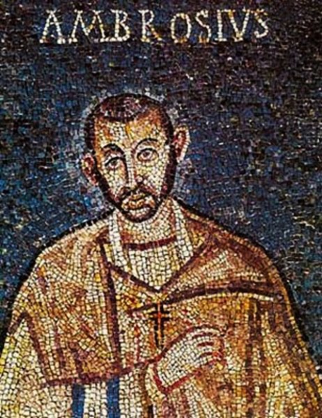 Biskup Mediolanu Ambroży, mozaika wczesnochrześcijańska, Mediolan, kościół Sant'Ambrogio, zdj. Wikipedia