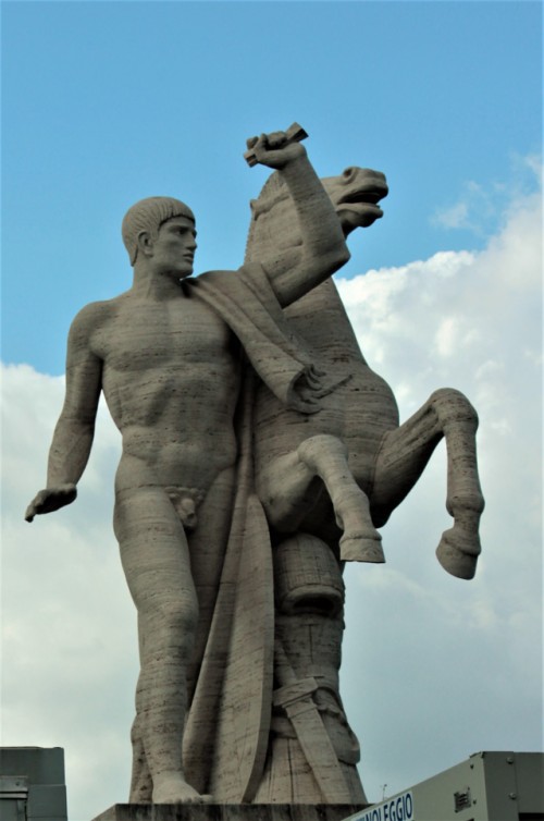 One of the Dioscuri Brothers, statue adorning the Palazzo della Civiltà Italiana, EUR the so-called Square Colosseum, 1930s, Publio Morbiducci
