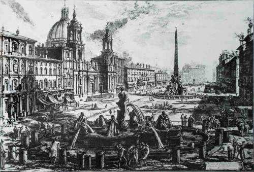 Piazza Navona, na pierwszym planie Fontana del Moro, rycina Gianbattista Piranesi, XVIII w.