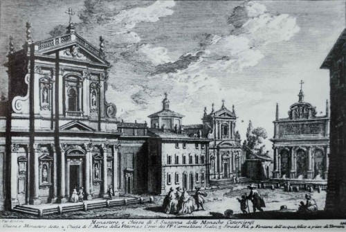Fontana dell'Acqua Felice (po prawej), po lewej - kościoły Santa Susanna i Santa Maria della Vittoria, rycina Giuseppe Vasi, XVIII w.