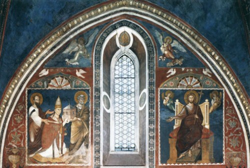 Kaplica Sancta Sanctorum, feski przedstawiające papieża Leona III w otoczeniu świętego Piotra i Pawła i Chrystusa tronującego