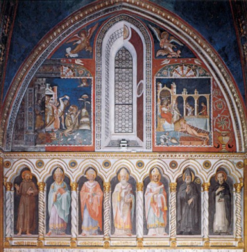 Kaplica Sancta Sanctorum, freski przedstawiające męczeństwo św. Szczepan i św. Wawrzyńca, poniżej galeria świętych
