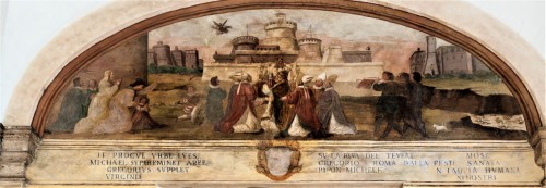 Cud procesji maryjnej, w tle zamek św.  Anioła, Pomarancio (Niccolo Circignani), ok.1585 r., kościół San Gregorio Magno