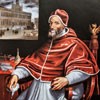 Portret papieża Grzegorza XIII, malarz nieznany, w tle dzieło papieża - Gregoriana