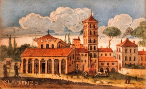 Basilica of San Lorenzo fuori le mura, view of the church from the beginning of the XVII century, Muso di Roma,  Palazzo Braschi